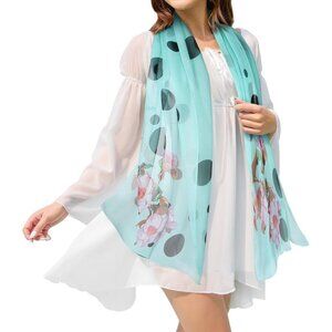 Women's Lake Blue Fashion Lightweight Head Scarf Floral Print Chiffon Scarves